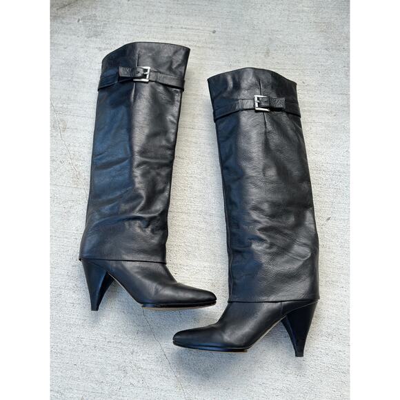 Vintage Y2K Michael Kors Women’s 8.5M Cuffed Wedge Black Leather Knee High Boots - Picture 1 of 9